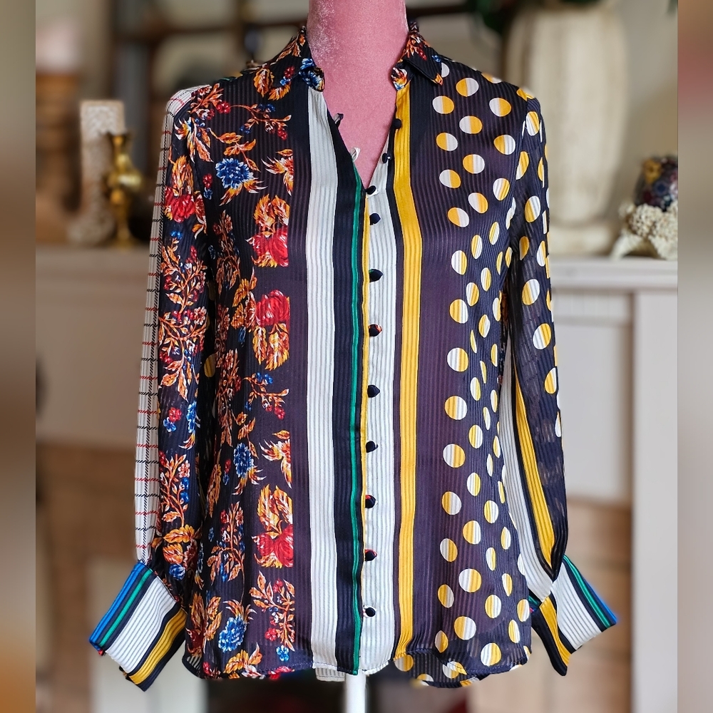Ela Button Down Sheer Blouse, Size XS. Colourful Shirt. Cuffed Shirt.